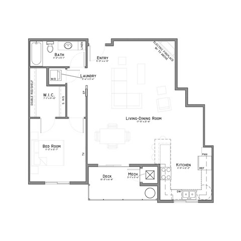 Floor plan for 1 bed, 1 bath, 977 sqft